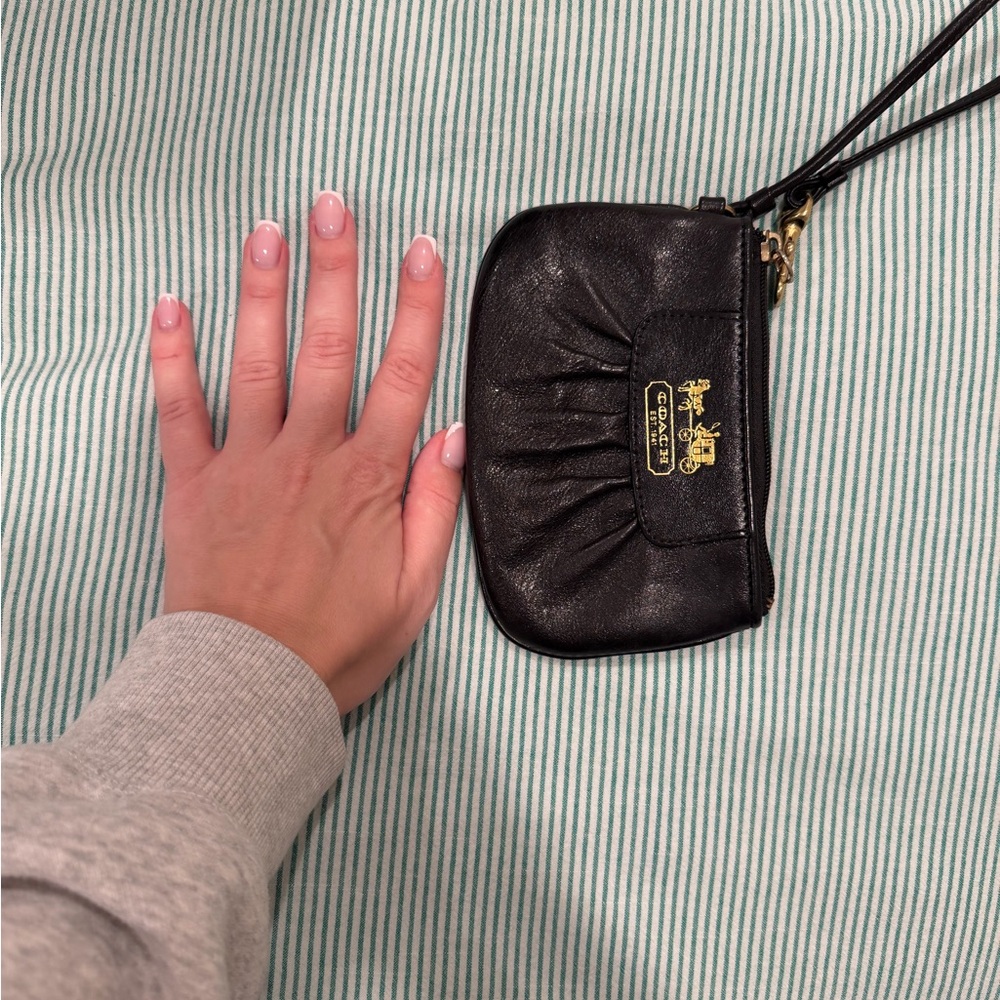 Coach Black Leather Wristlet with Gold Accents
